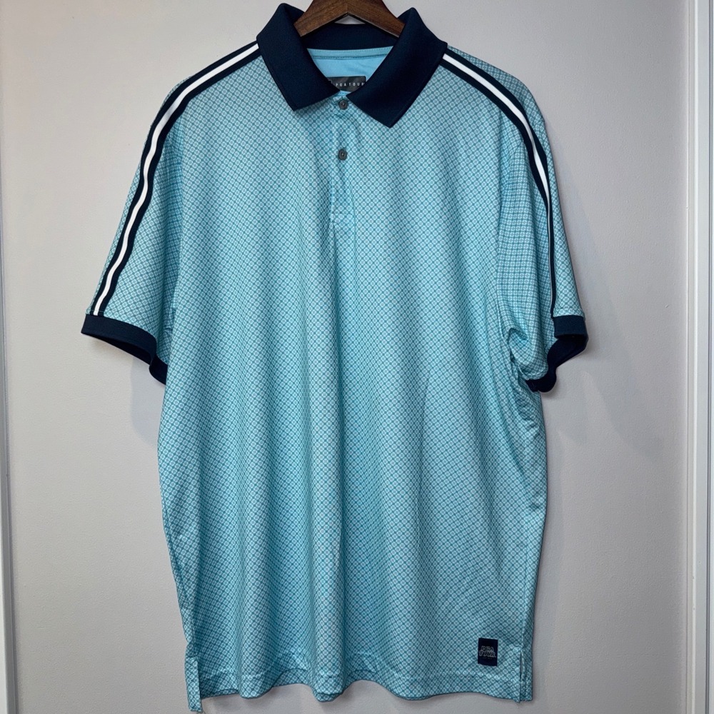 PGA Tour Pro Sz L Golf Polo Short Sleeve Shirt Blue Quick Dry EUC Stripes Sleeve